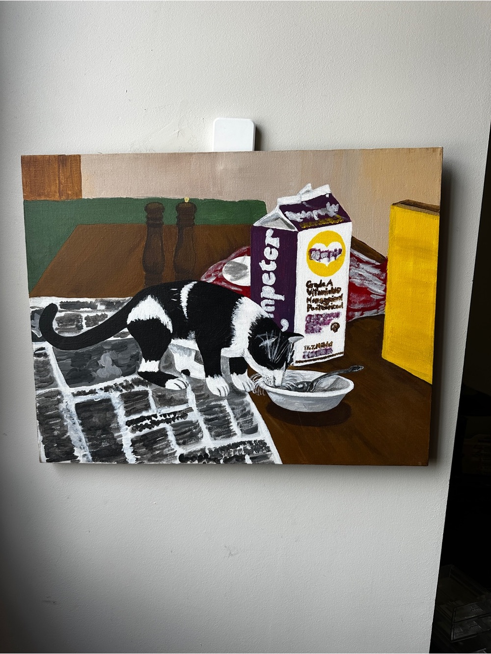 VTG Original Hand Painted Tuxedo Cat Cereal Bowl Canvas Quirky Kitchen Wall Art